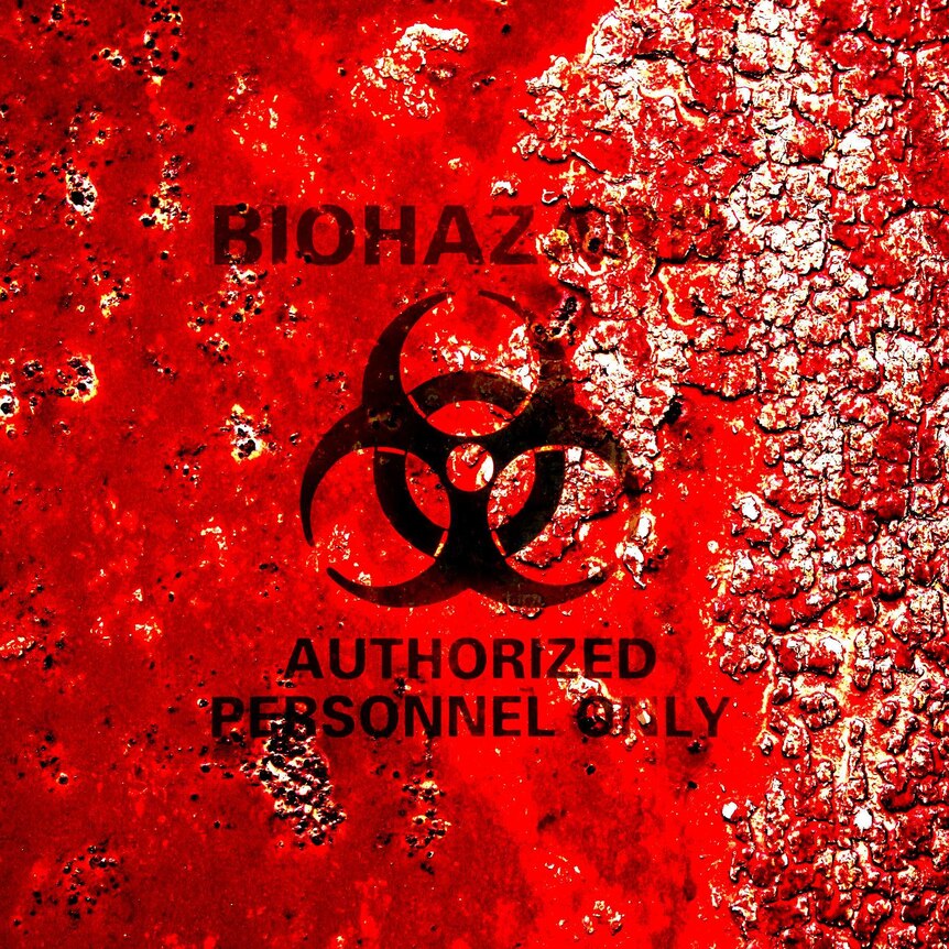 Biohazard symbol, black text on blood red background