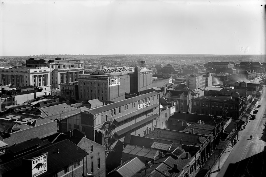 Black and white view over rooftops in Perth CBD