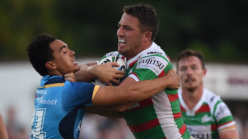 NRL return ... Sam Burgess playing for the Rabbitohs in their preseason trial against the Titans