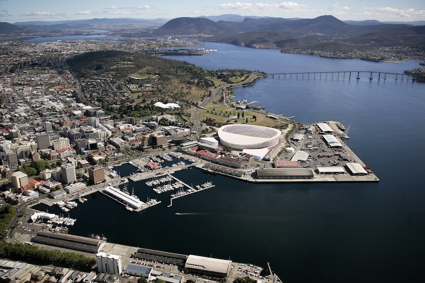 A concept image shows how the Hobart stadium would look in relation to the rest of the city.