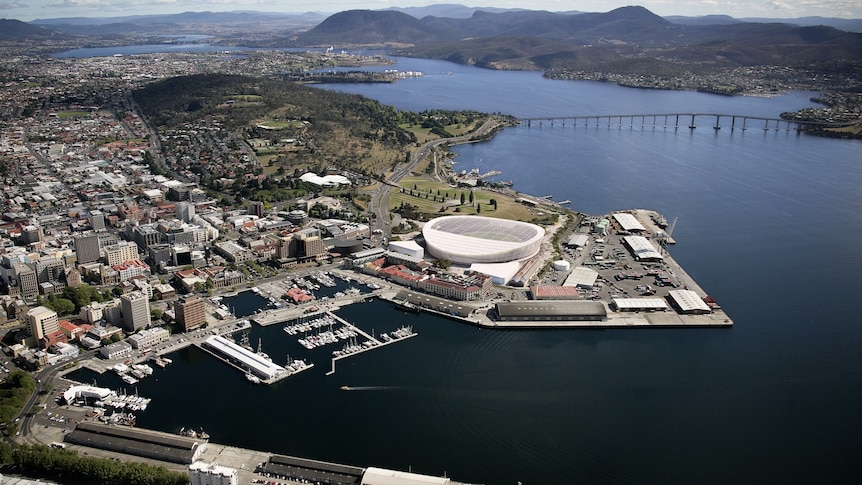 A concept image shows how the Hobart stadium would look in relation to the rest of the city.