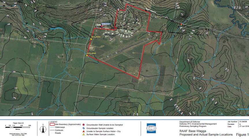 Map of the area where testing took place for toxic chemicals around the RAAF Wagga base.