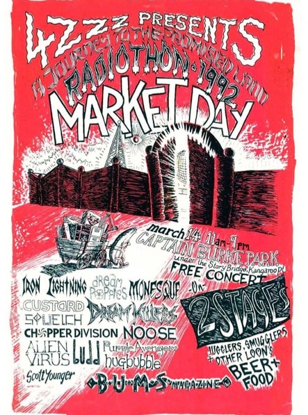 1992 Black and red poster advertising 4ZZZ Market Day free outdoor concert.
