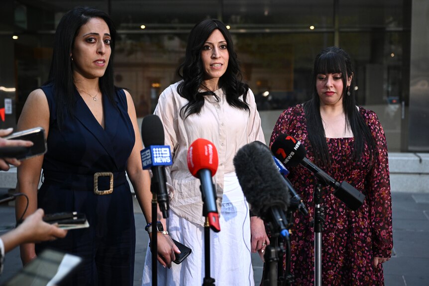 Elly Sapper, Nicole Meyer and Dassi Erlich standing in front of microphones at a press conference in front of a building