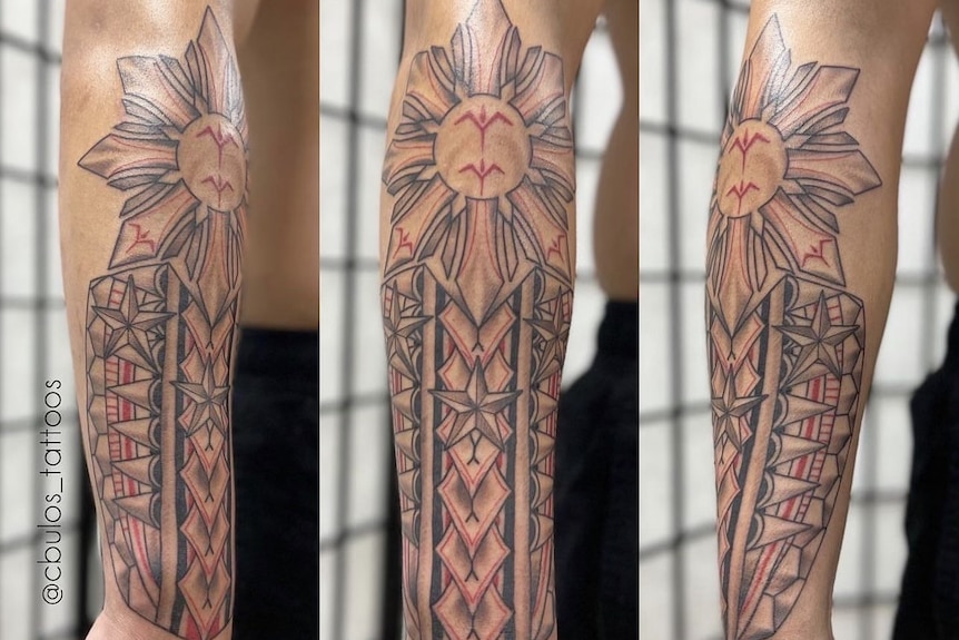 A Filipino tribal tattoo of the sun and stars on an arm