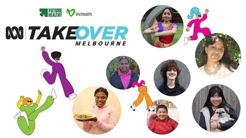A graphic showing the words Takeover Melbourne and headshots of young winners