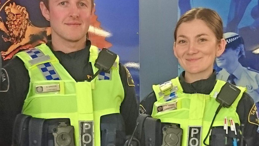 Tasmania Police officers display body-worn cameras, September 2018.