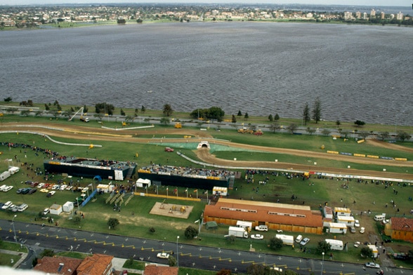 An aerial view of a Rally Australia track on the banks of the Swan River in Perth in 1993.