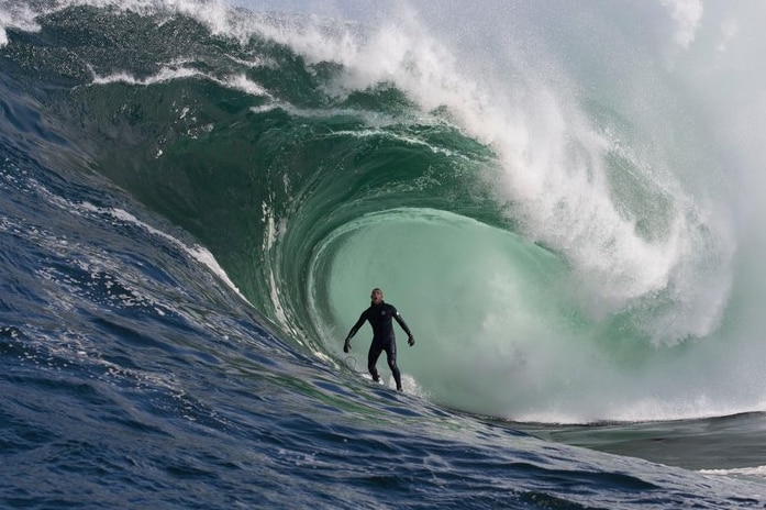 Mick Fanning surfing huge wave at Shipstern Bluff, Tasmania