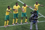 Storming opener: Siphiwe Tshabalala (centre-right) opened the World Cup goal tally with a sumptuous finish.