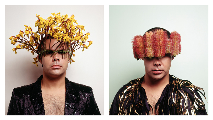 Two posed images showing the artist with his face covered by arrangements of Australian native flora.