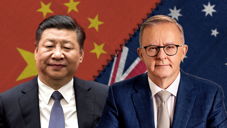 Composite image of Xi Jinping and Anthony Albanese next to each other with the Chinese and Australian flags sewn together.