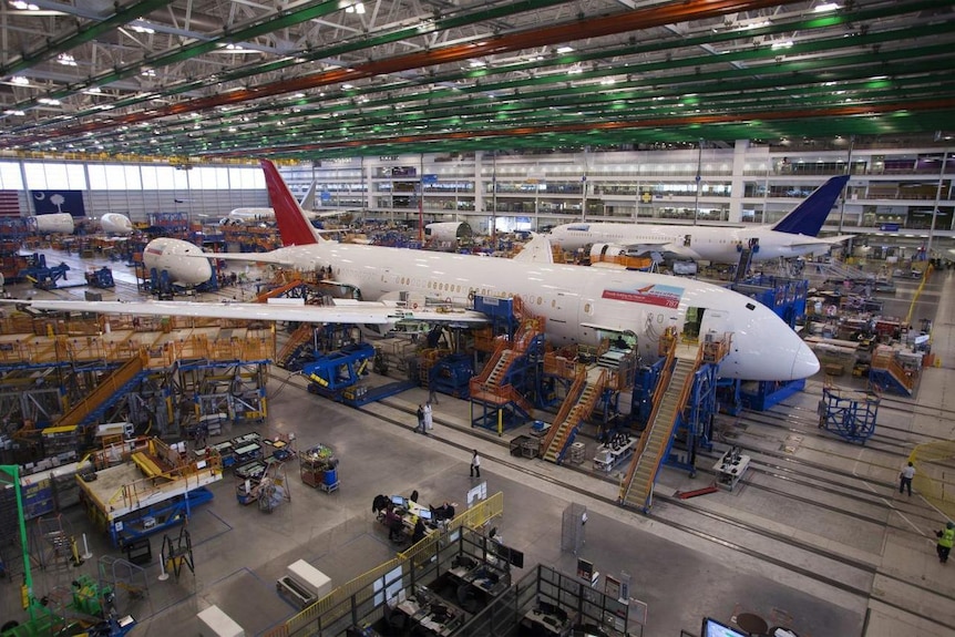 Aircraft being made in the large hangar of the Boeing factory in North Charleston, South Carolina.