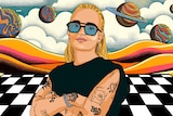 Cartoon image of G Flip with their arms crossed on a checkered background with orange rolling hills and planets behind them.