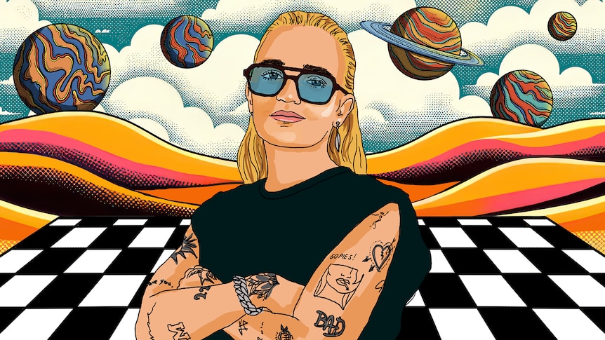 Cartoon image of G Flip with their arms crossed on a checkered background with orange rolling hills and planets behind them.