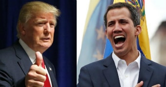 Donald Trump, left, gives thumbs up as he looks away from camera. Juan Guaido, right, has his hand on his heart mid-speech.