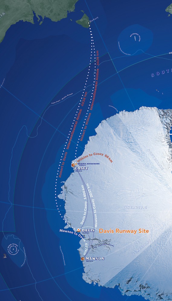 A map showing the flight routes to Antarctic and the now-scrapped David runway.