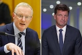 Side by side photos of Philip Lowe in Senate Estimates in a navy suit and Angus Taylor appearing on 7.30, also in a navy suit