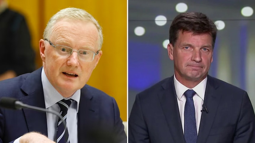 Side by side photos of Philip Lowe in Senate Estimates in a navy suit and Angus Taylor appearing on 7.30, also in a navy suit