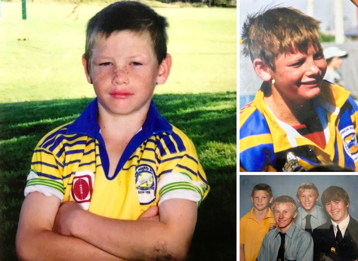 A collage of photos of a young football player and his brothers.