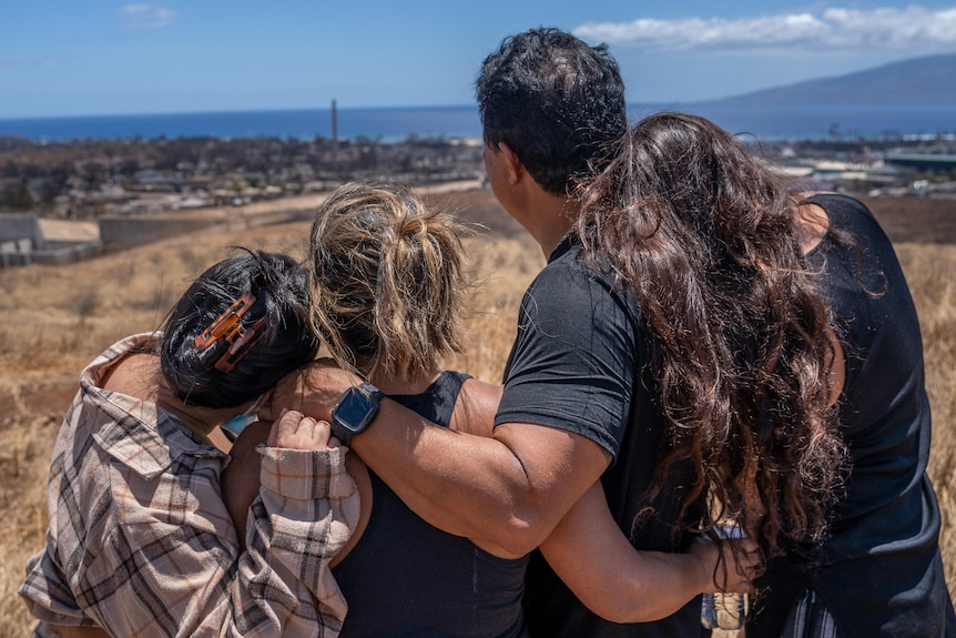 The Navarro family is seen from behind looking out over their blackened hometown.