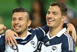 Costa Barbarouses celebrates a goal for Melbourne Victory