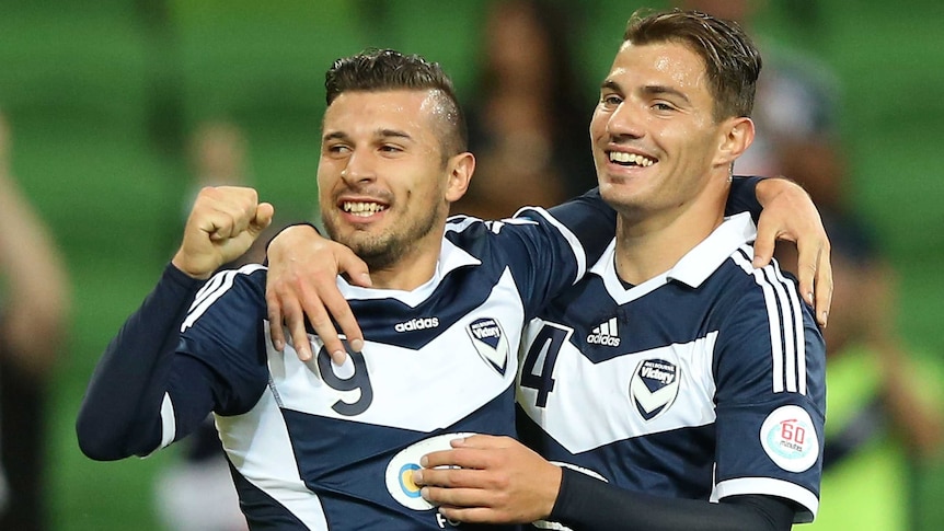Costa Barbarouses celebrates a goal for Melbourne Victory