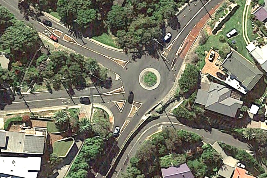 A complicated roundabout, seen from above.