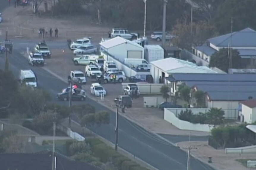 An aerial view of police operations at Wallaroo.