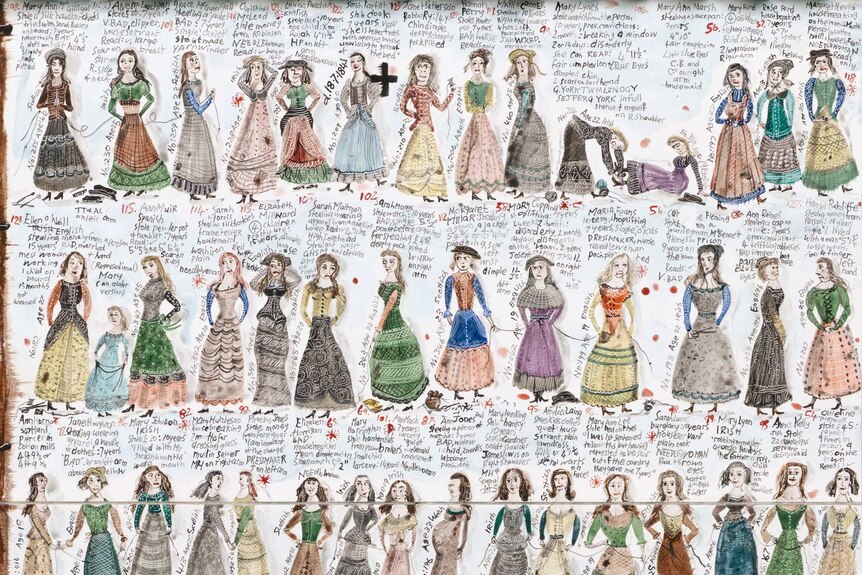 A painting of a group of convict women, with their names and basic details