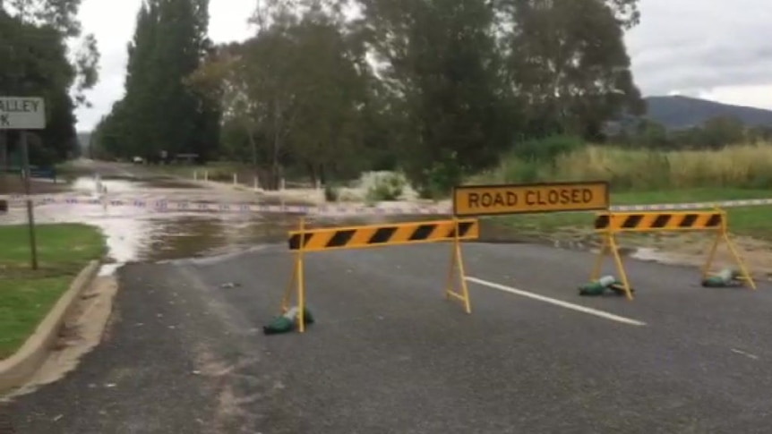 Roads were closed around Myrtleford as waters rose.