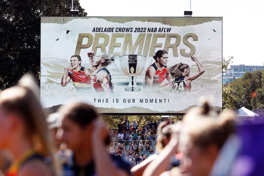 A shot of a celebratory billboard after the Adelaide Crows beat the Melbourne Demons in the 2022 AFLW Grand Final