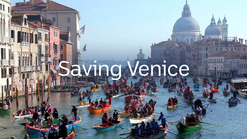 Mass of boats with people in a Venice river