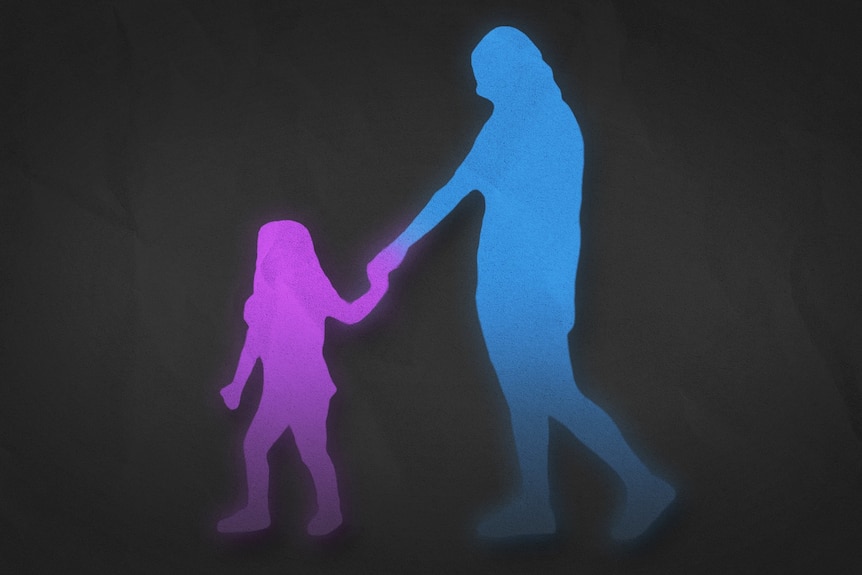 A black graphic showing a small girl in pink shading holding the hand of a woman in blue shading