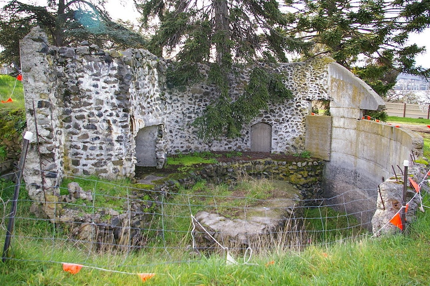 The ruins of the polar bear enclosure at the old Beaumaris Zoo site, Hobart.