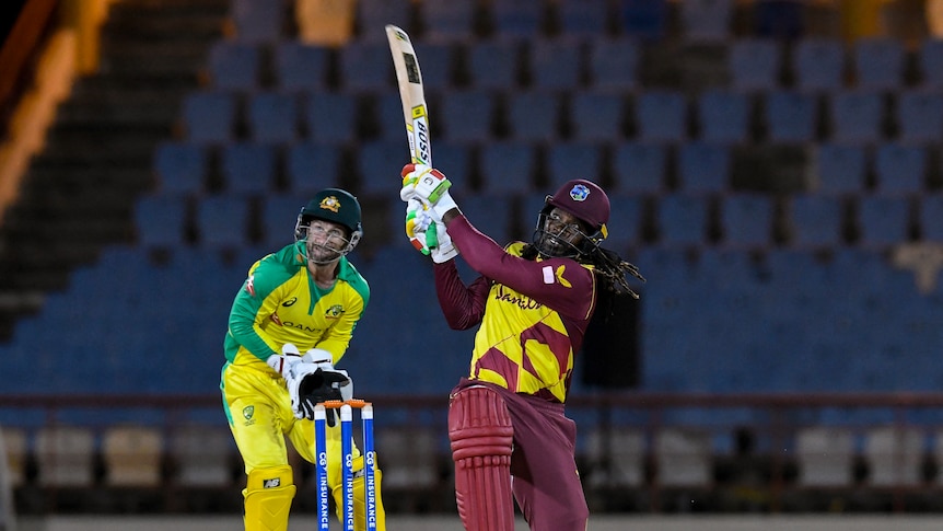 West Indies' Chris Gayle hoists the ball over mid-wicket for a big six against Australia in a T20 international.