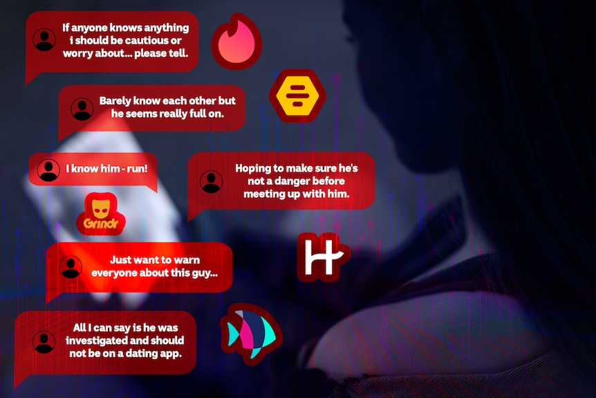 a series of text messages with warnings of men, dating app symbols and a silohette of a woman using apps