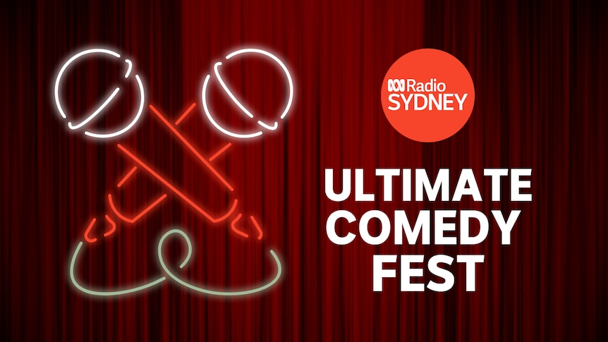 Neon microphone sign in from of a red velvet stage curtain with copy 'Ultimate Comedy Fest'