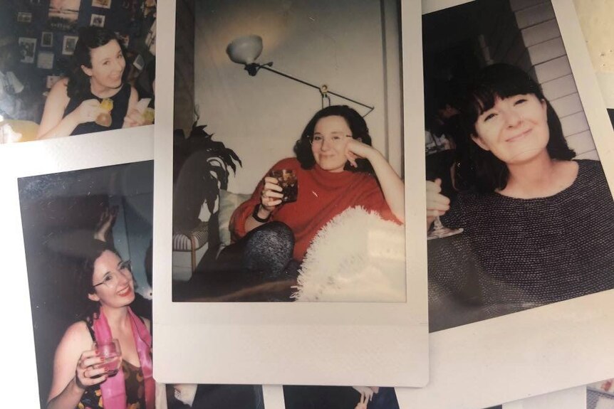 A collection of Polaroid photographs of the author, a young brunette woman, drinking alcoholic beverages. 