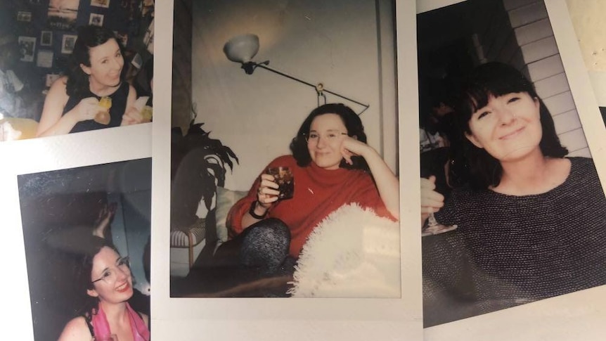 A collection of Polaroid photographs of a young brunette woman, drinking alcoholic beverages. 