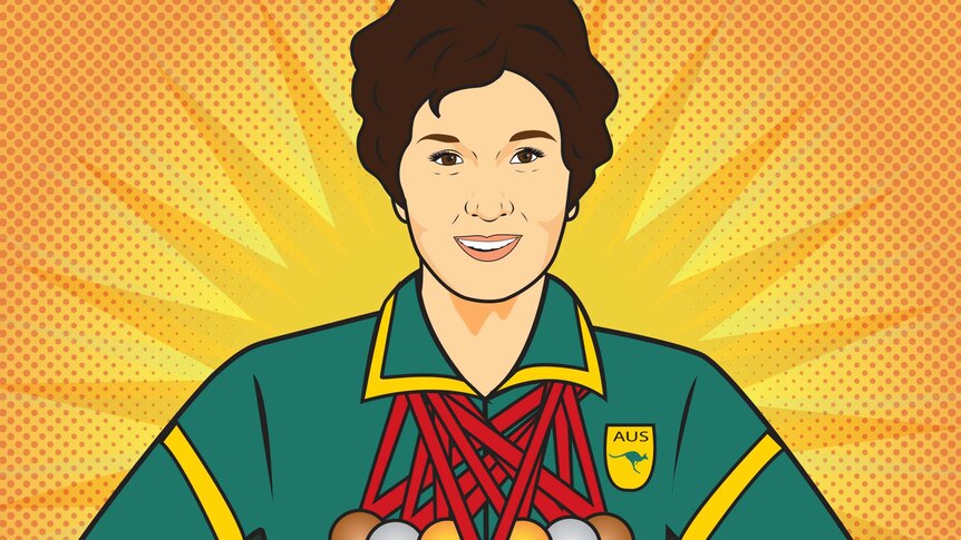 An illustration of Daphne Hilton with dark hair wearing lots of Olympic medals.