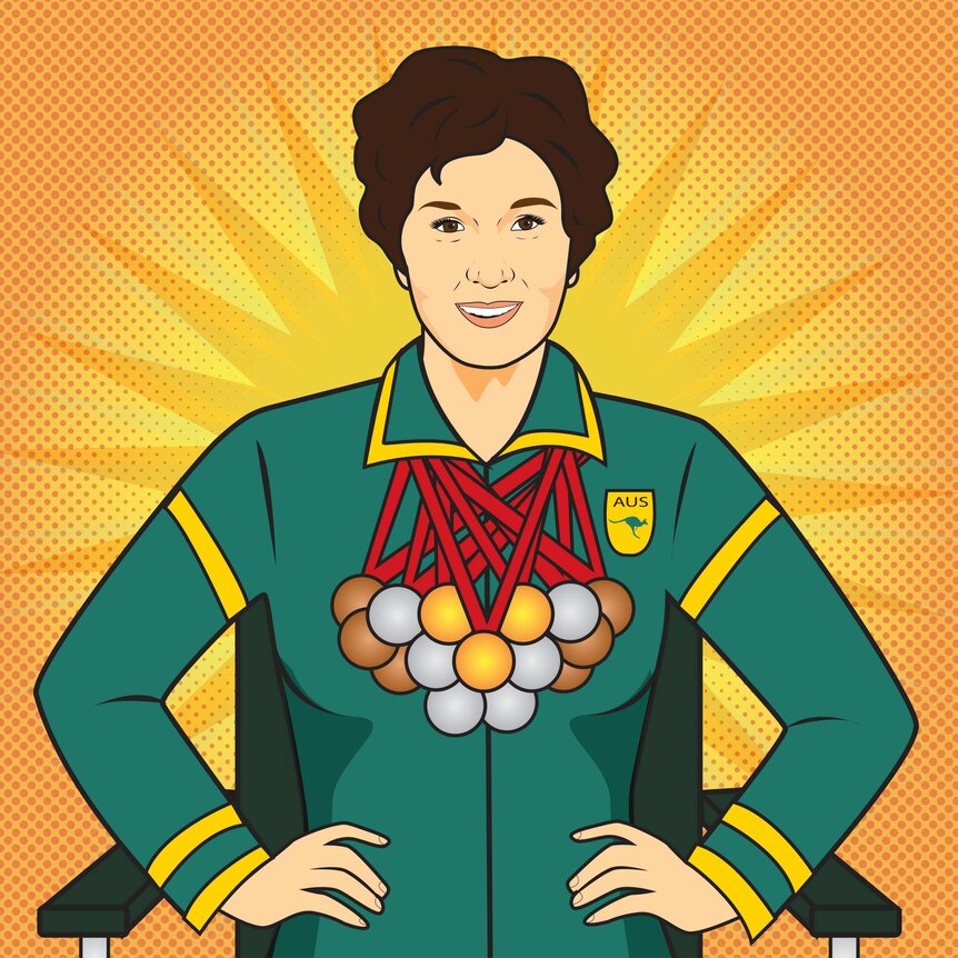 An illustration of Daphne Hilton with dark hair wearing lots of Olympic medals.