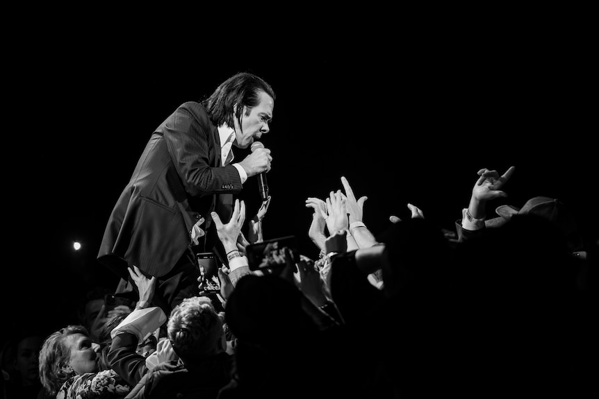 Black and white image of Nick Cave perfoming on the barrier as hands from the crowd reaches out to touch him