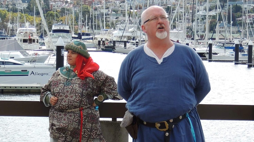 Baron Karl Faustus von Aachen and Baroness Adelindis Filia Gotefridi in medieval garb at the harbour