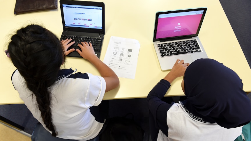 two young students sitting at a desk working on their laptops