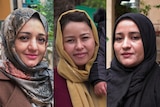 A  composite image of three women in head scarves