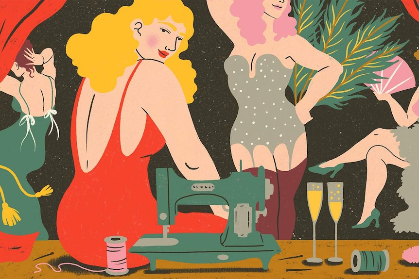 Illustration of a woman with a sewing machine surrounded by showgirls