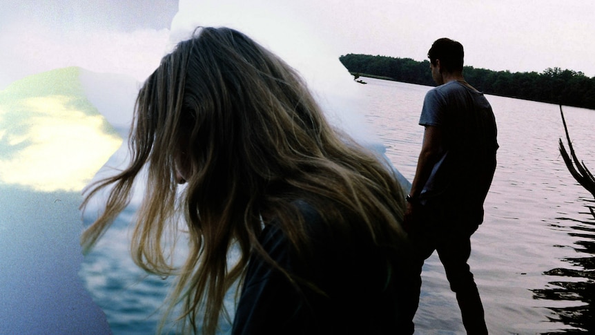 A collage of photos of men and women by a river.