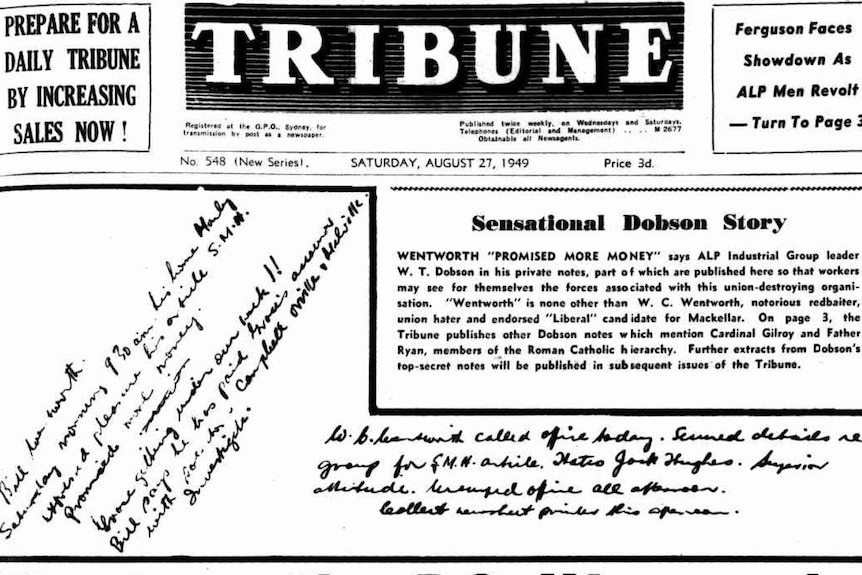 The front page of the Tribune with large sections dedicated to handwritten notes and the headline "Sensational Dobson Story".