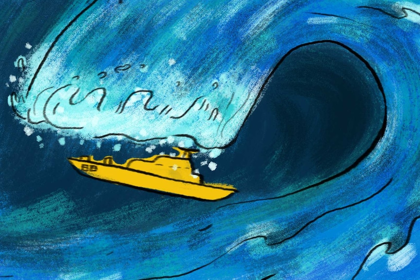 Drawing of a yellow ship at sea in a bad weather